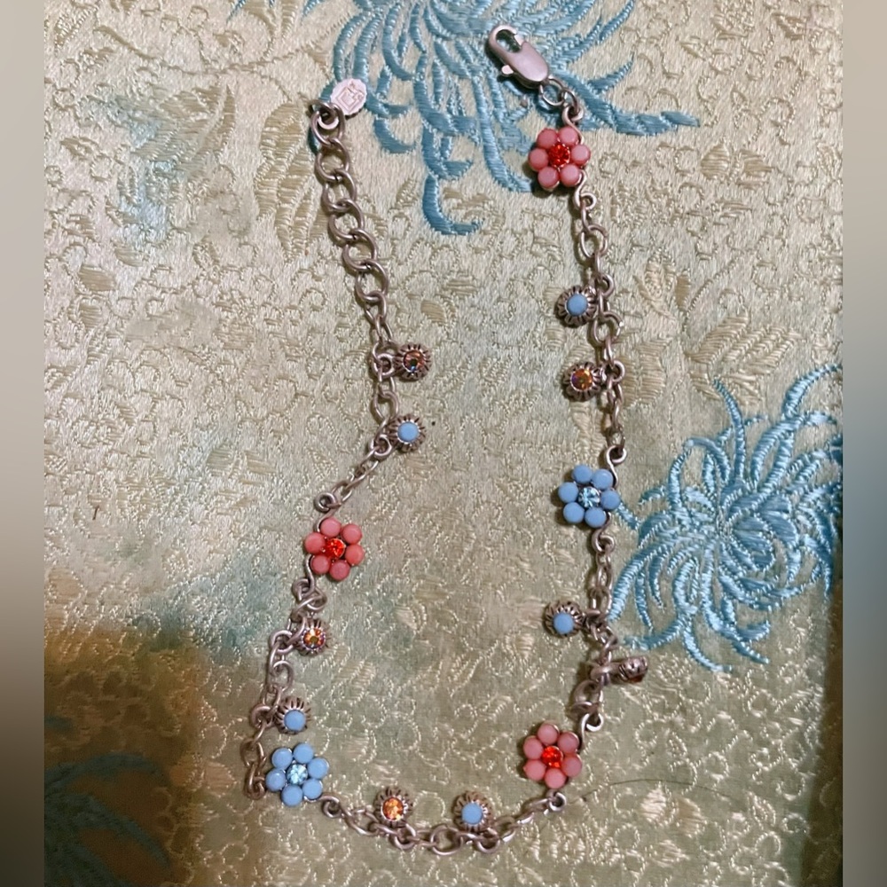 Vintage  Flower Bead Necklace Silver Tone, Colorful Rhinestones